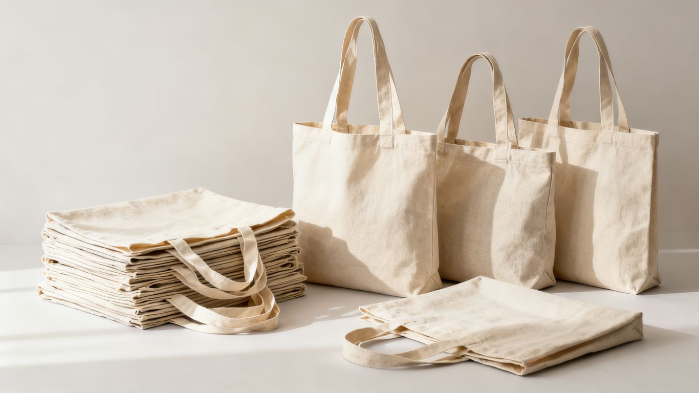 Various canvas tote bags for business use.