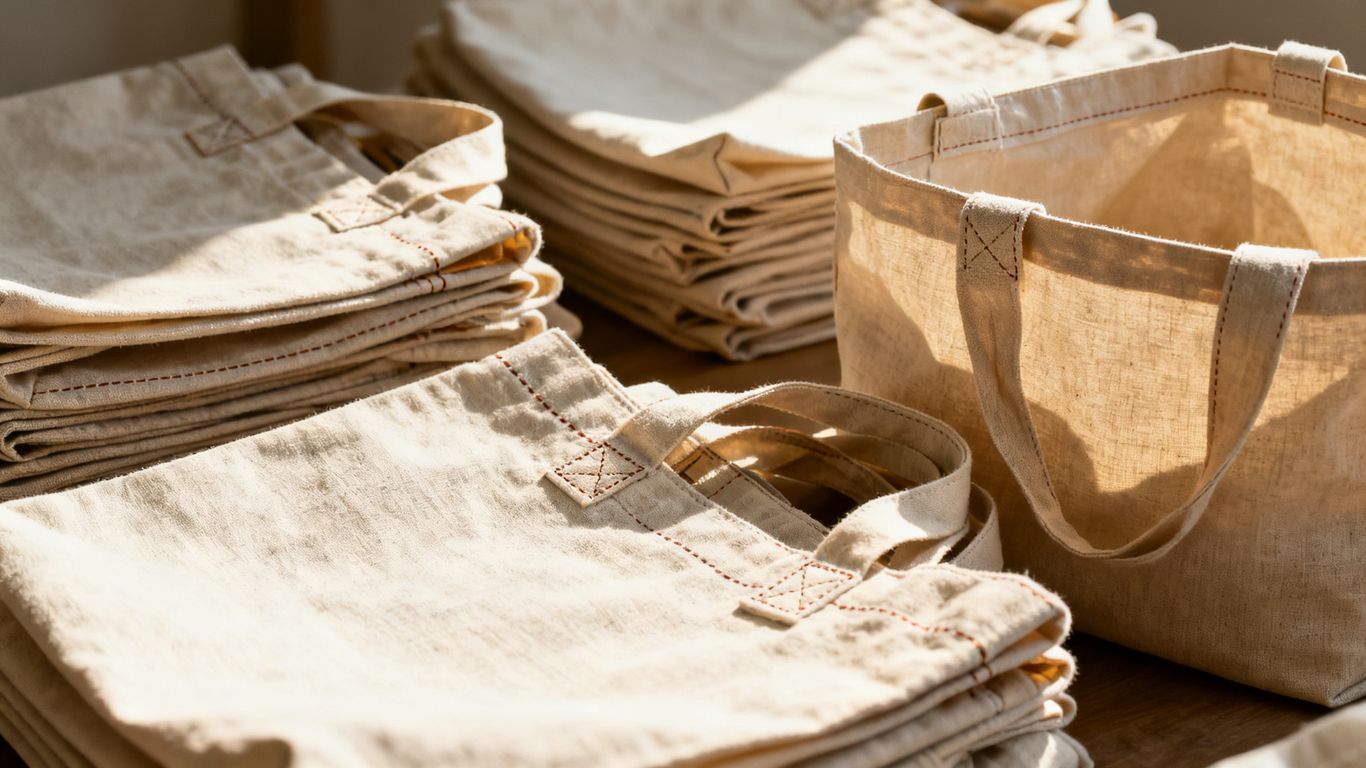 Various canvas tote bags in different colors and sizes.