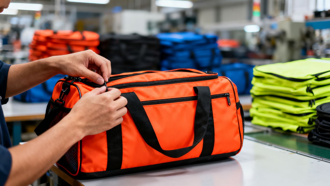 Hands inspecting a sport bag in a factory