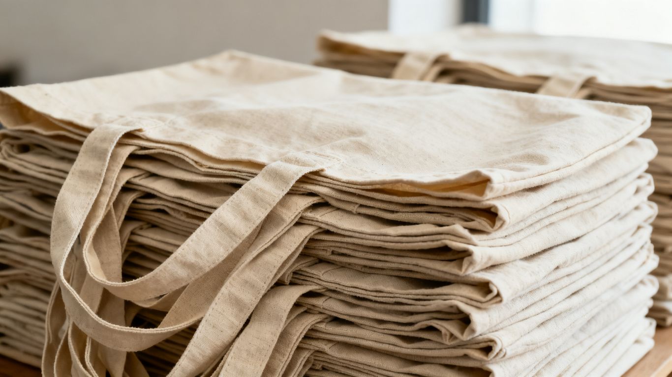 Bulk canvas tote bags stacked high