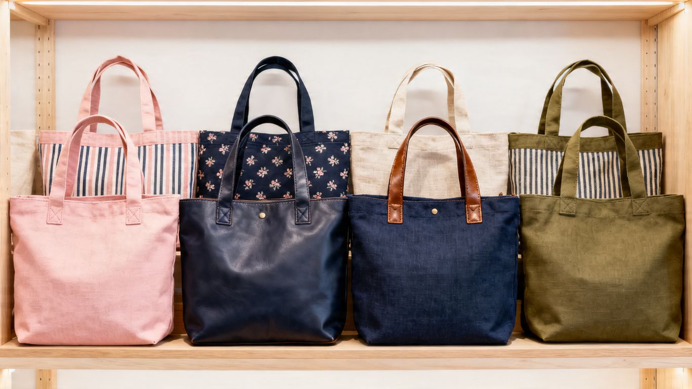 Various tote bags for bulk order manufacturing.